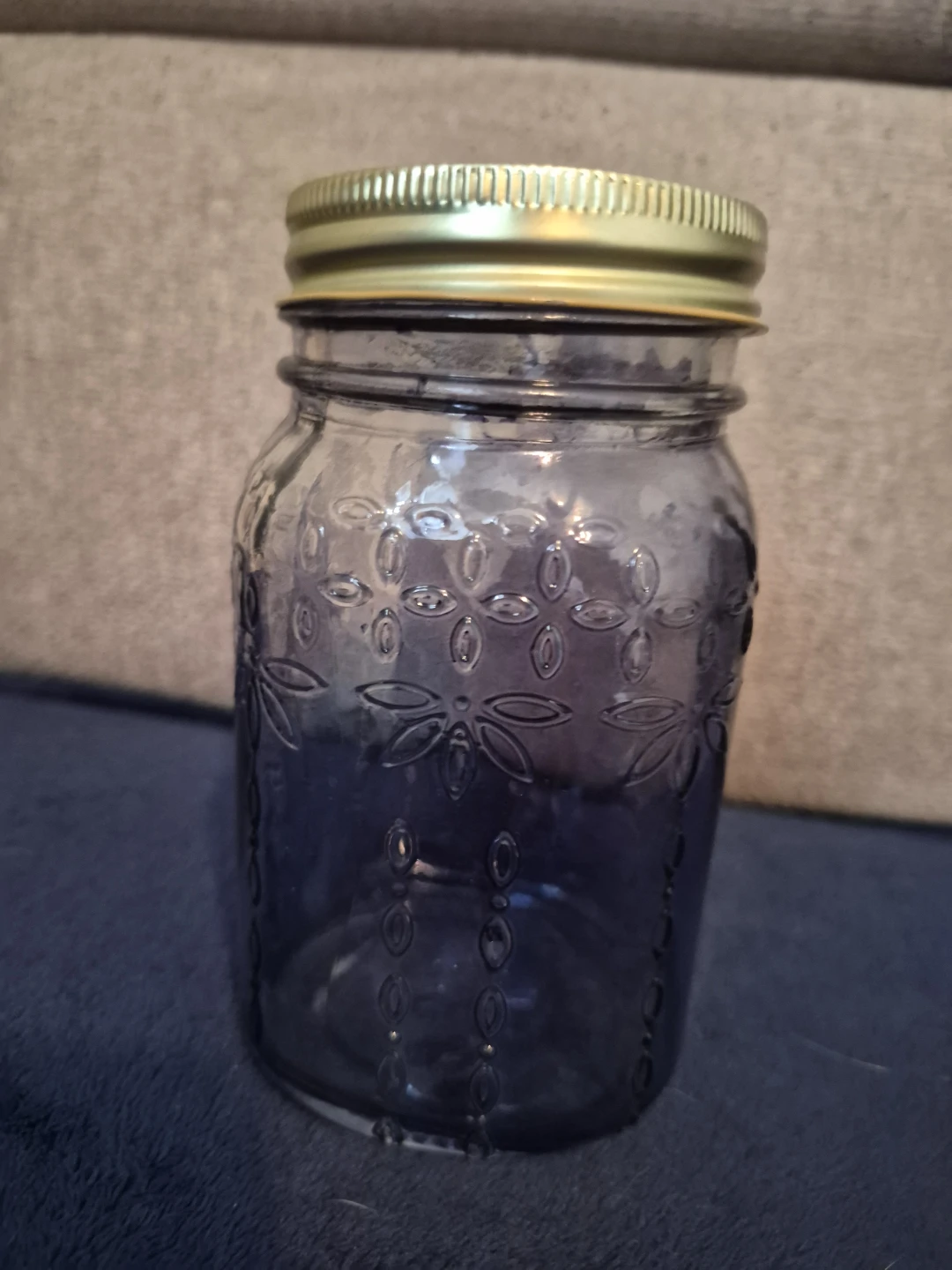 Blue Embossed Glass Jar with Gold Lid