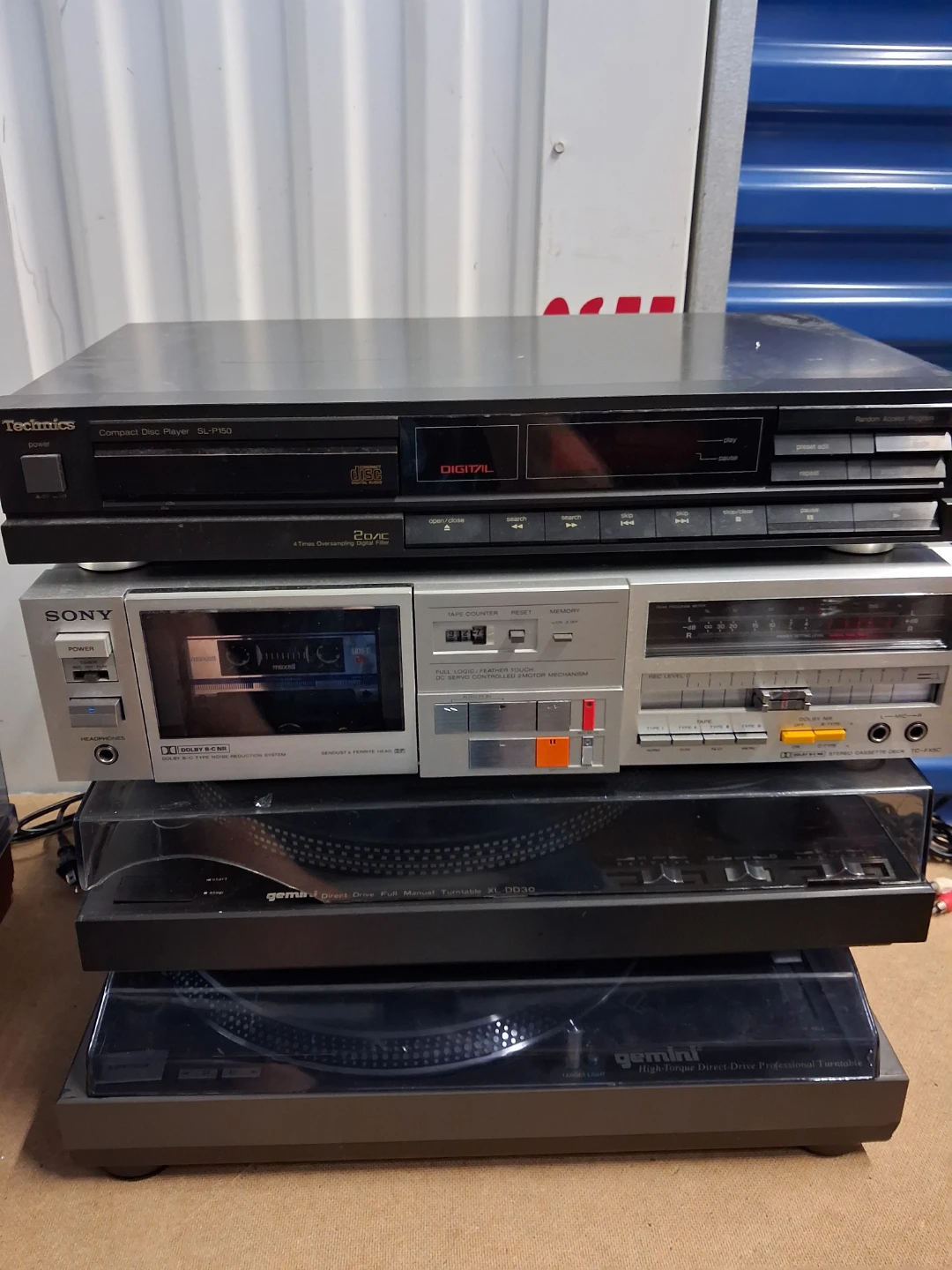 Sony cassette ,Technics CD player, 2- gemini , turntables