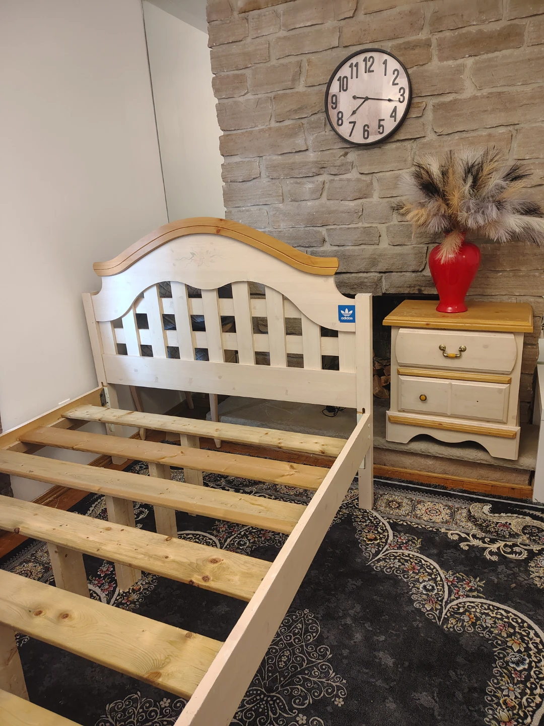 Double bed and Cream Dresser with Mirror and Wood Top