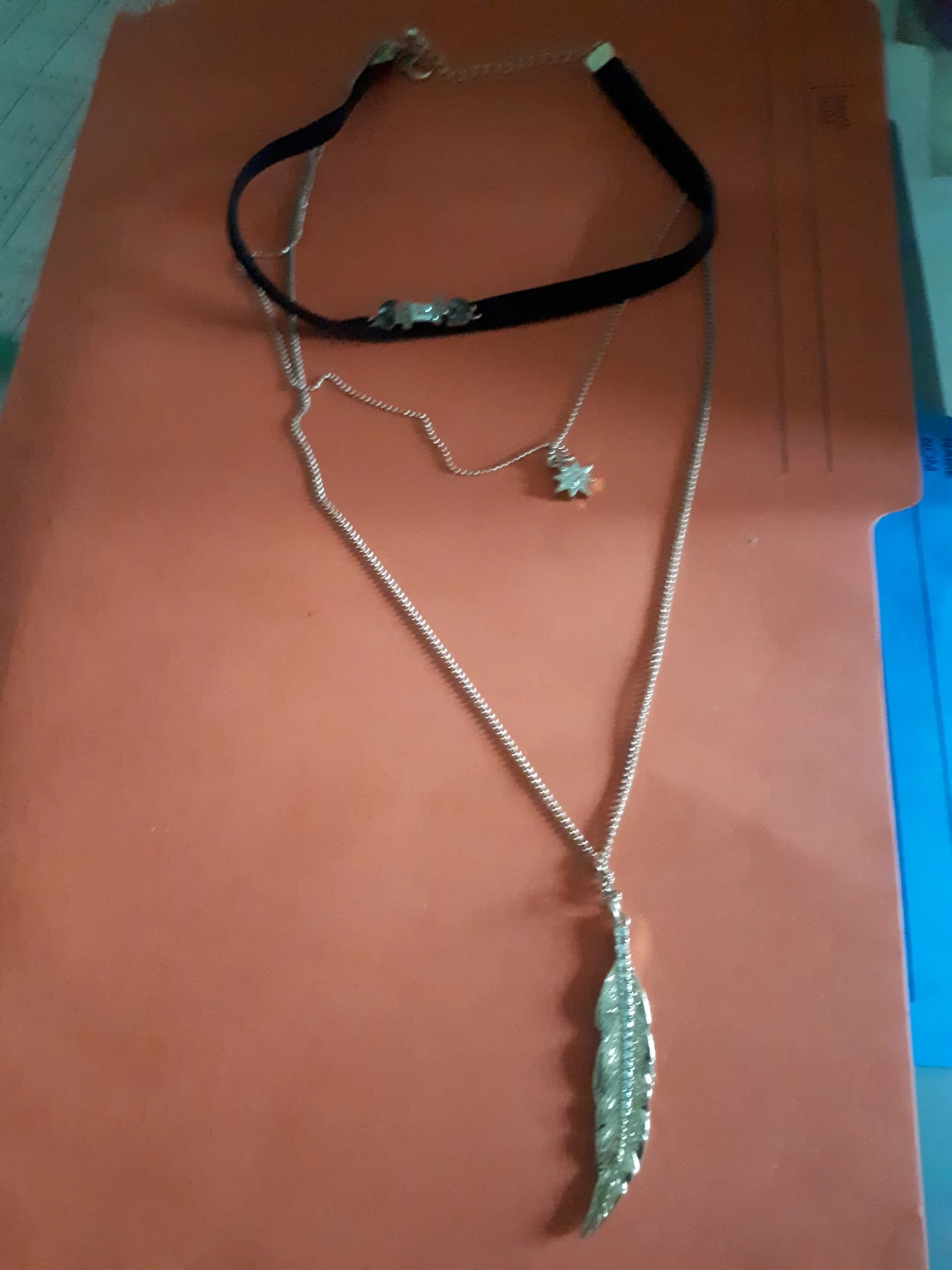 Layered Choker Necklace with Feather Pendant