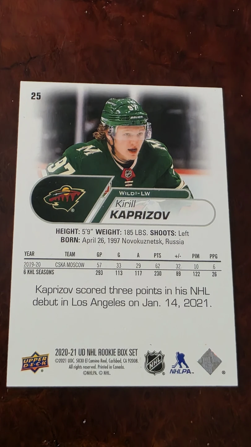 2021 Upper Deck NHL Rookie Set Kirill Kaprizov Hockey Card - photo 2
