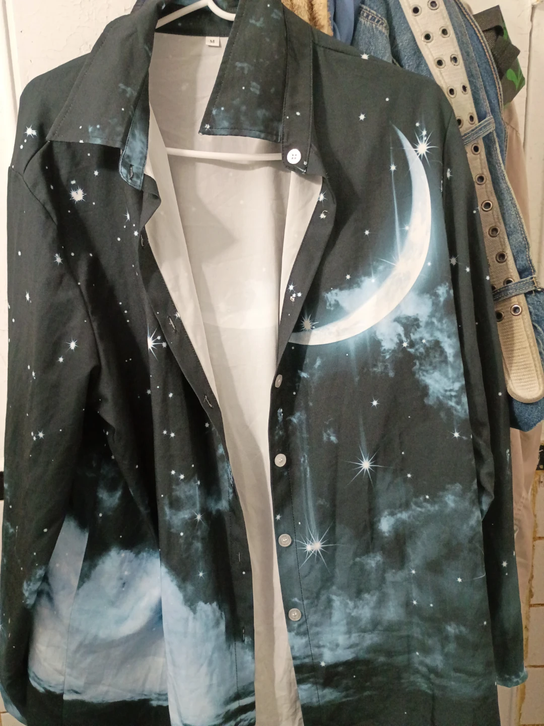 Men's Long Sleeve Button-Up Shirt - Moon & Stars Print