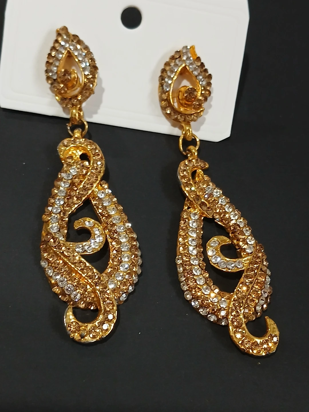 Gold Tone Dangle Earrings with Rhinestones - photo 2