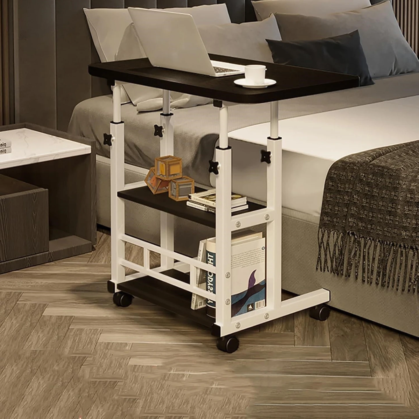 Adjustable Rolling Bedside Table with Shelves - photo 4