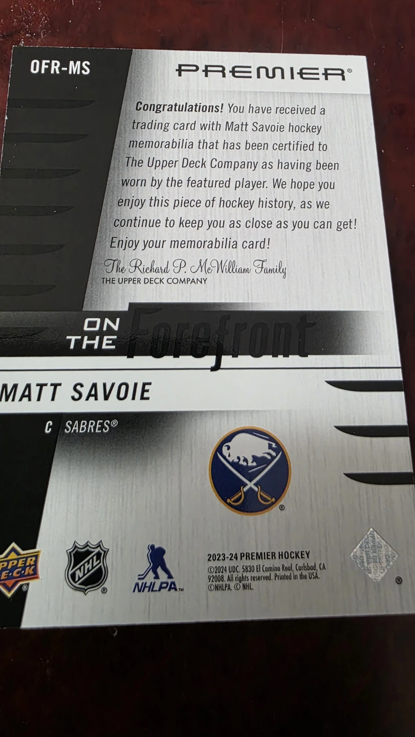 2023-24 U .D . Premier Matt Savoie Jersey Hockey Card 113/299 - photo 2