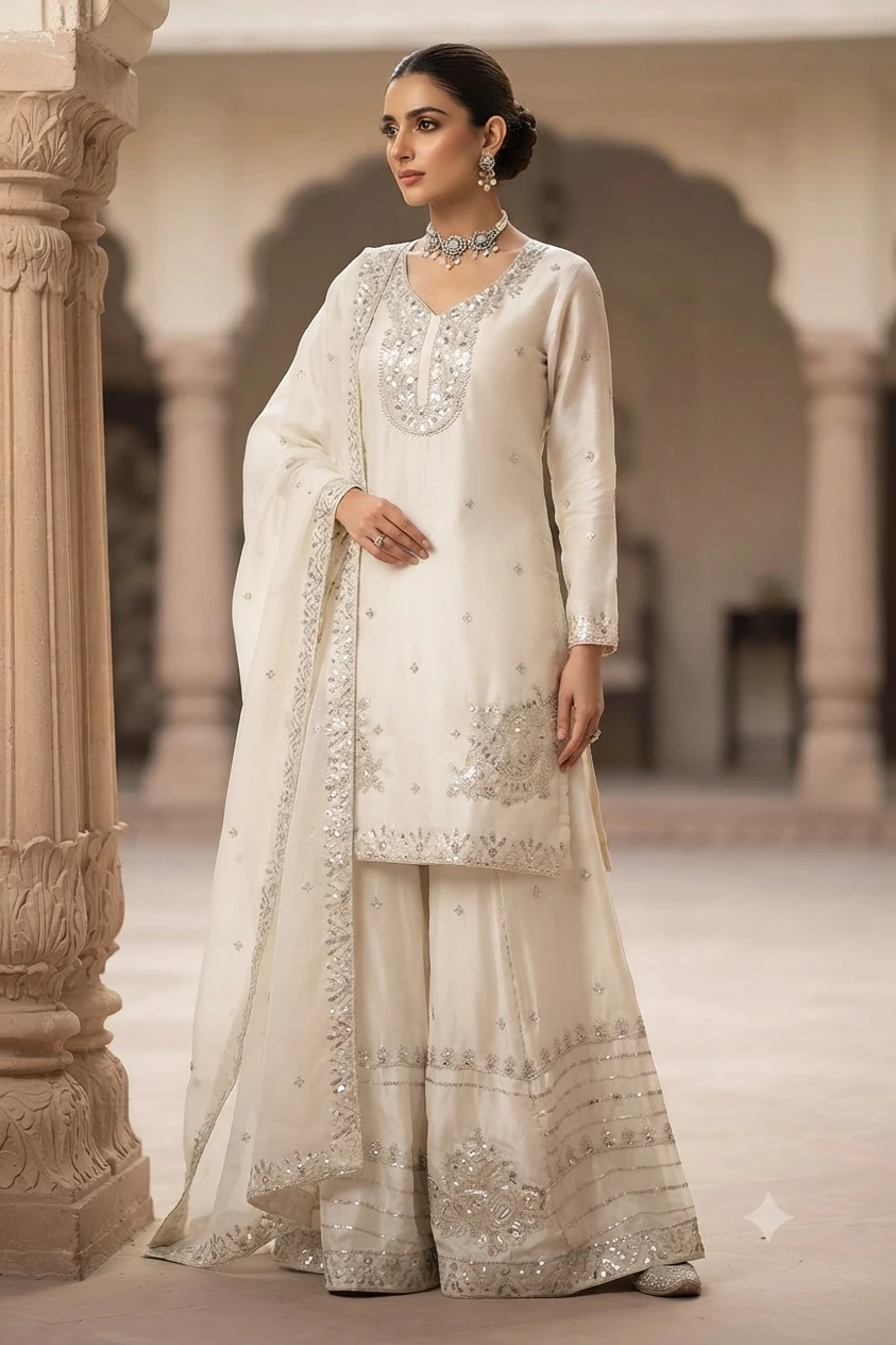 White embroidered sharara suit with dupatta