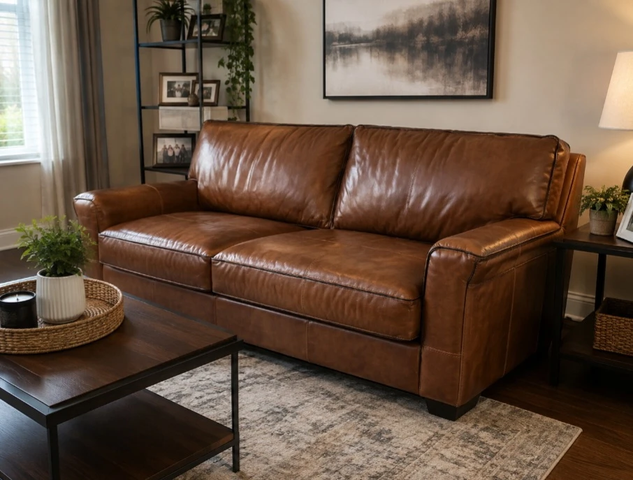 Brown Leather Three-Seater Sofa
