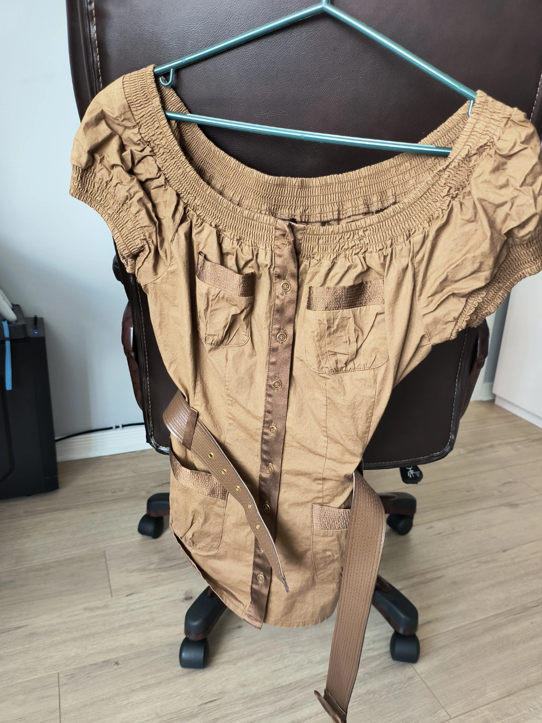 Bebe Women's Brown Button-Up Shirt with Belt