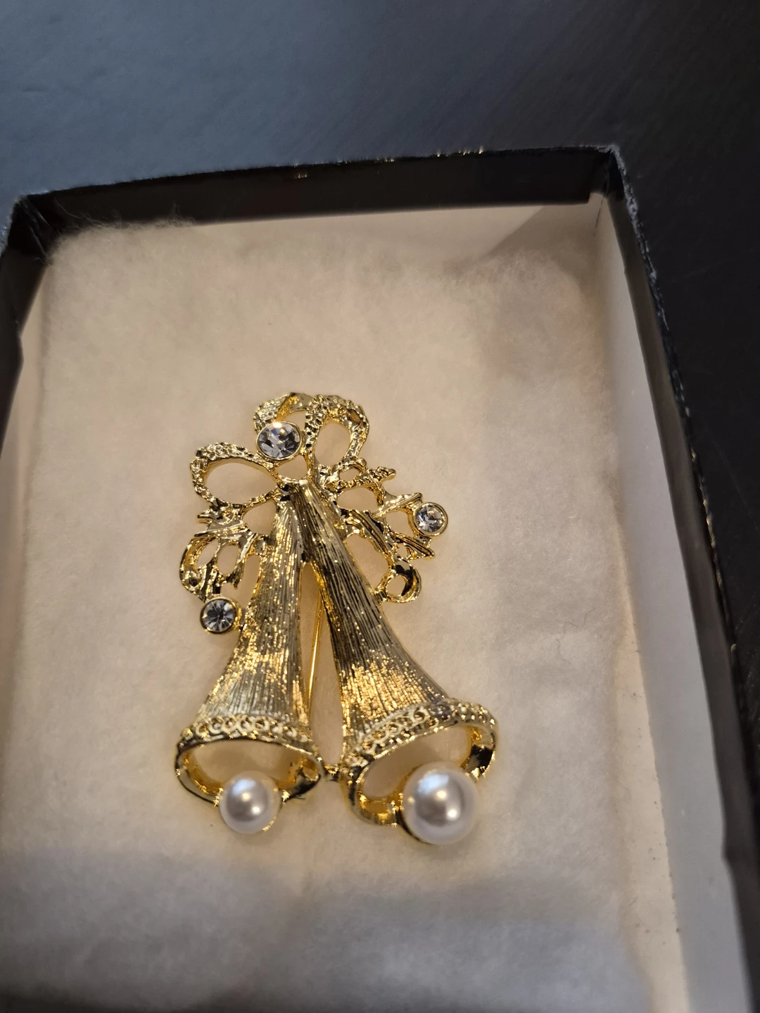 Gold Tone Christmas Bells Brooch with Pearls and Rhinestones