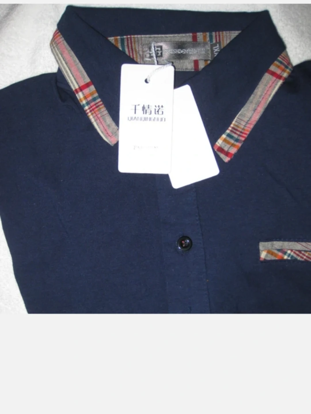 NEW Navy Blue Men's Polo Shirt with Plaid Accents - photo 2