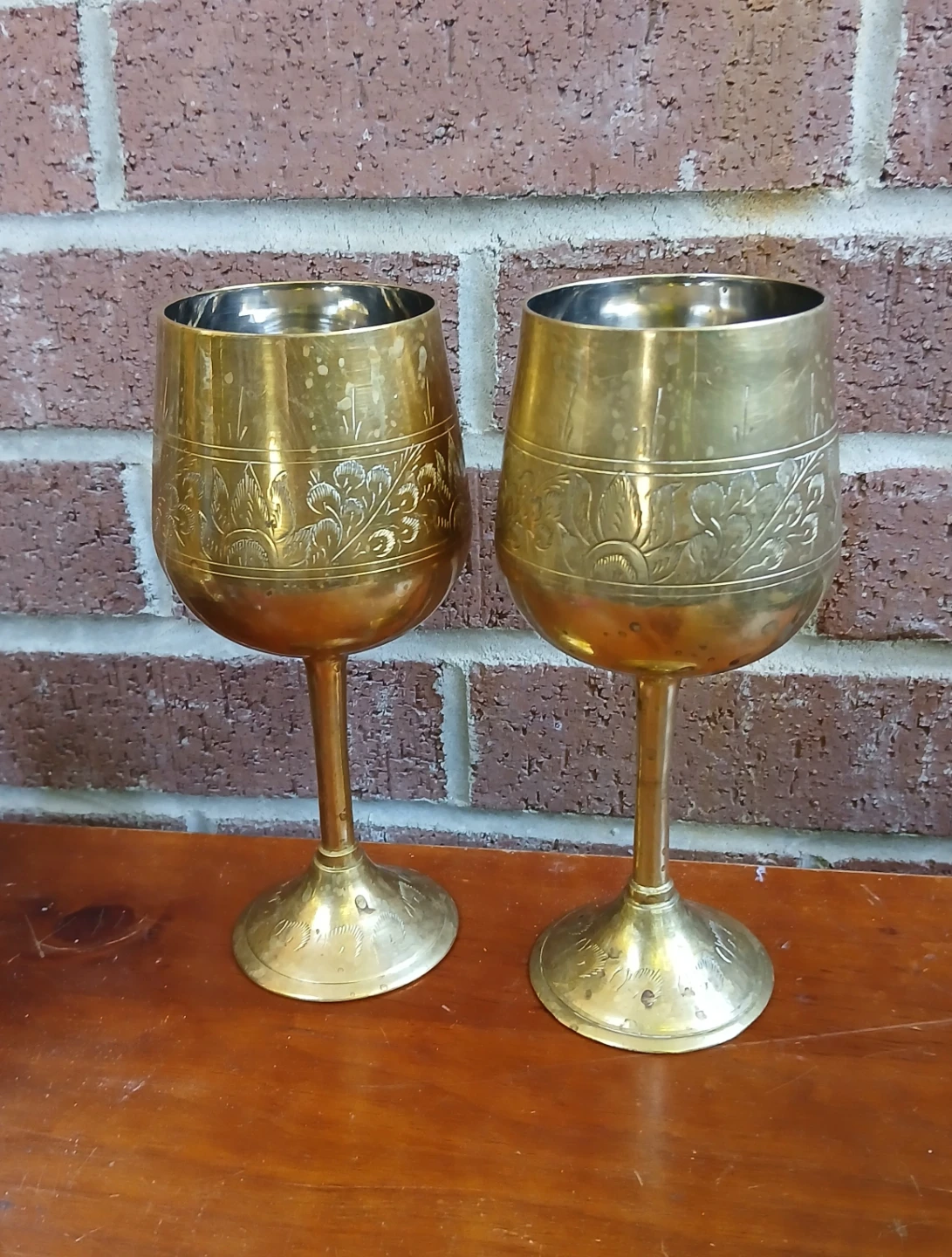 Set of 2 Vintage Brass Goblets with Engraved Design