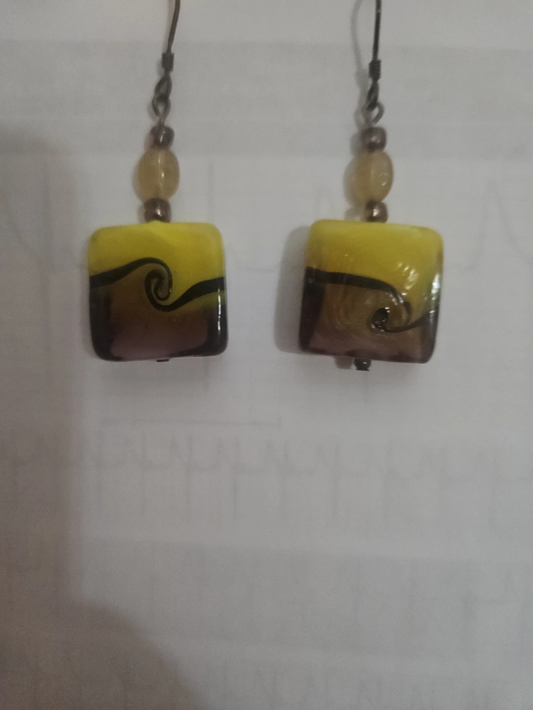 HANDCRAFTED  Artisian  glass  Yellow and Brown Swirl Earrings