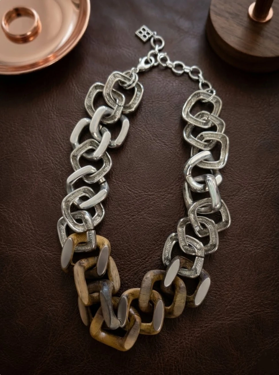 Wood and Metal Mixed Chunky Link Necklace