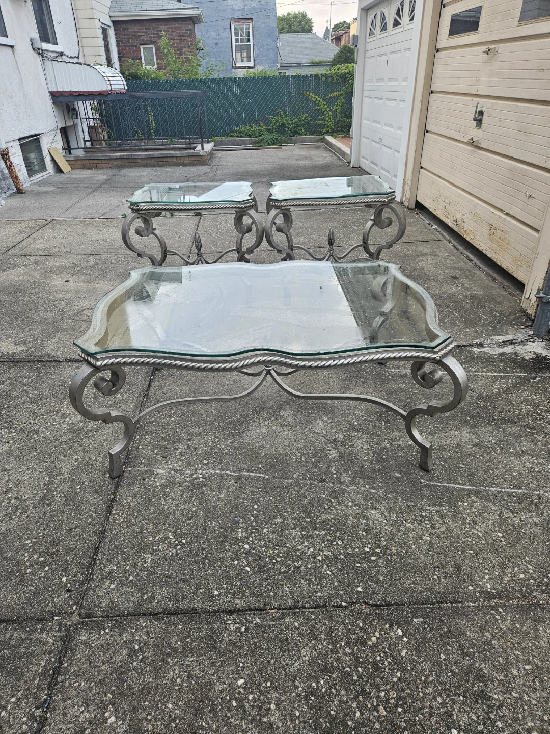 Beautiful iron and glasstop coffee table and 2 end tables