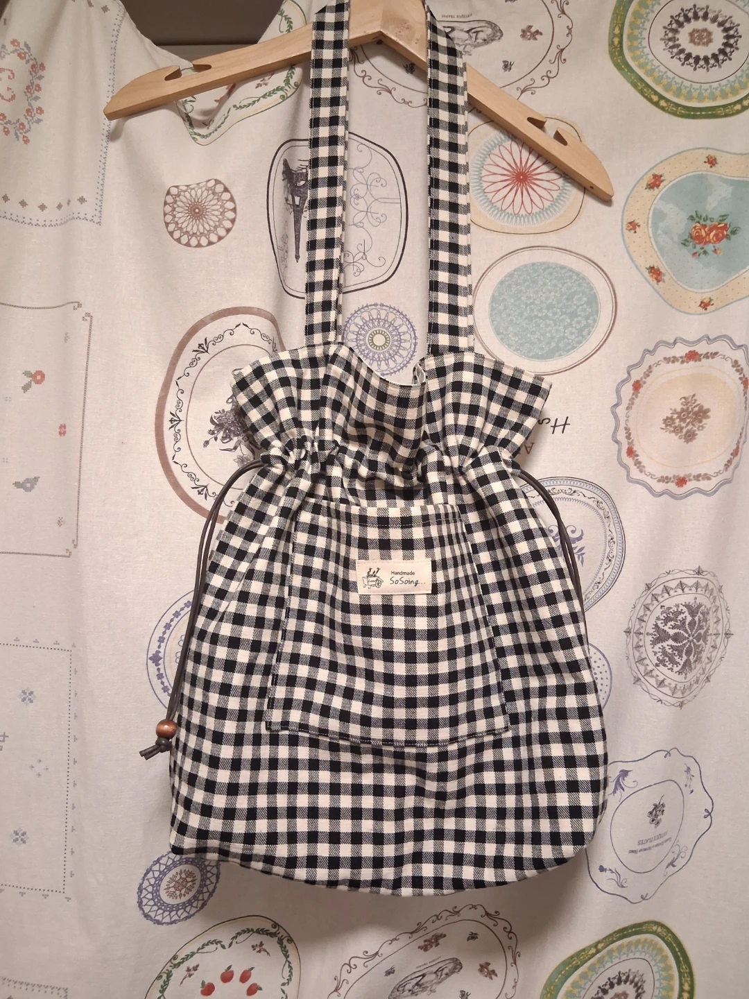 Gingham Tote Bag with Drawstring