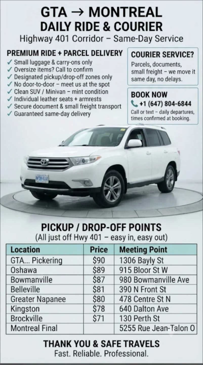 🚗 DAILY GTA → MONTREAL RIDESHARE & COURIER SERVICE