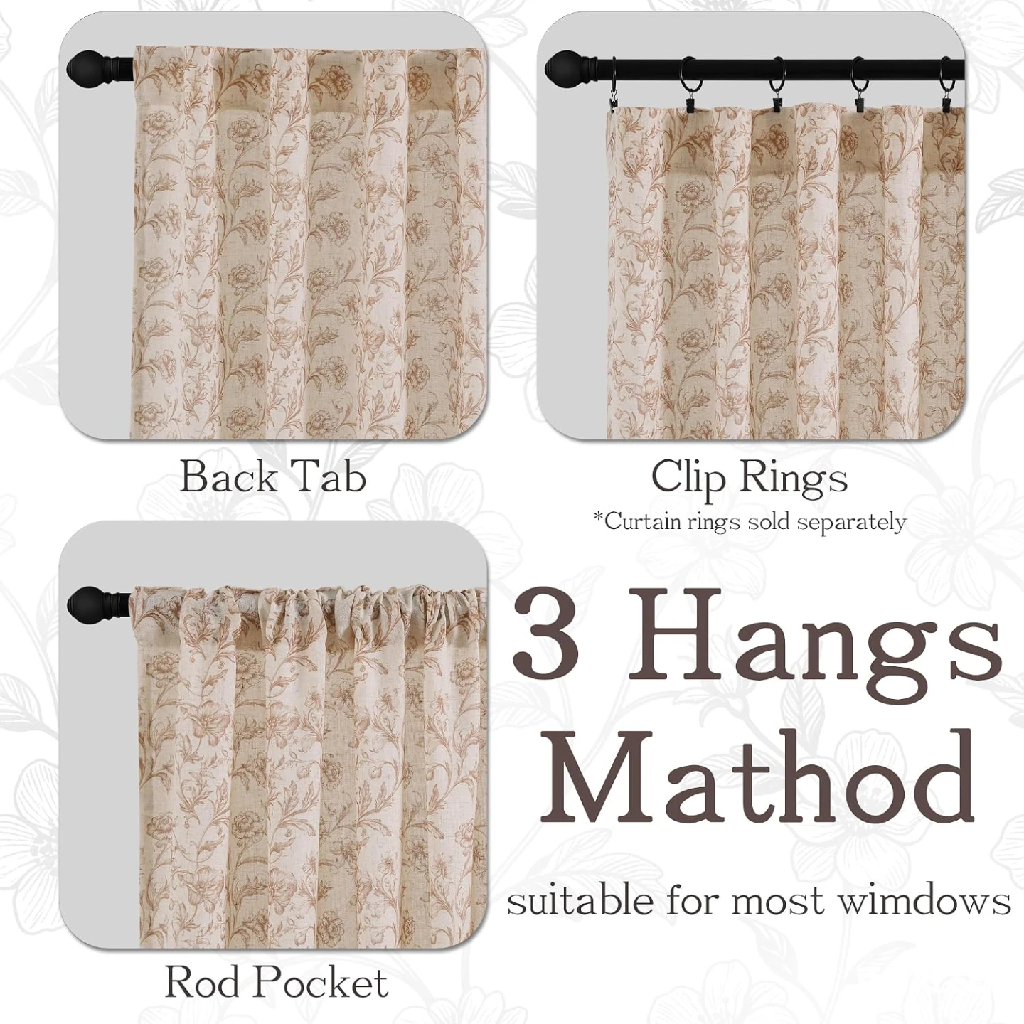 Taupe Floral Linen Curtains - 2 Panels - photo 3