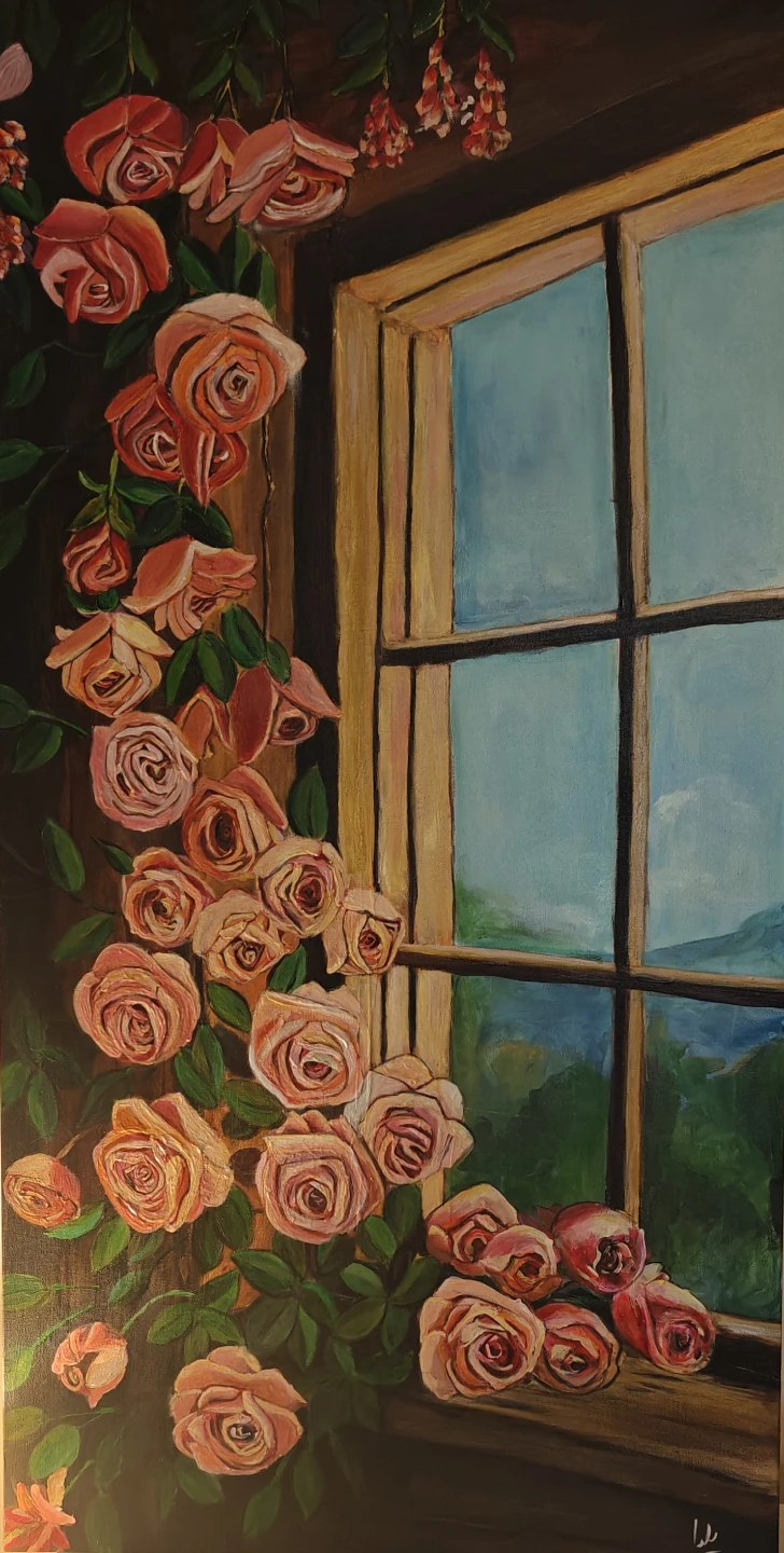 Original Acrylic Painting of Roses by a Window