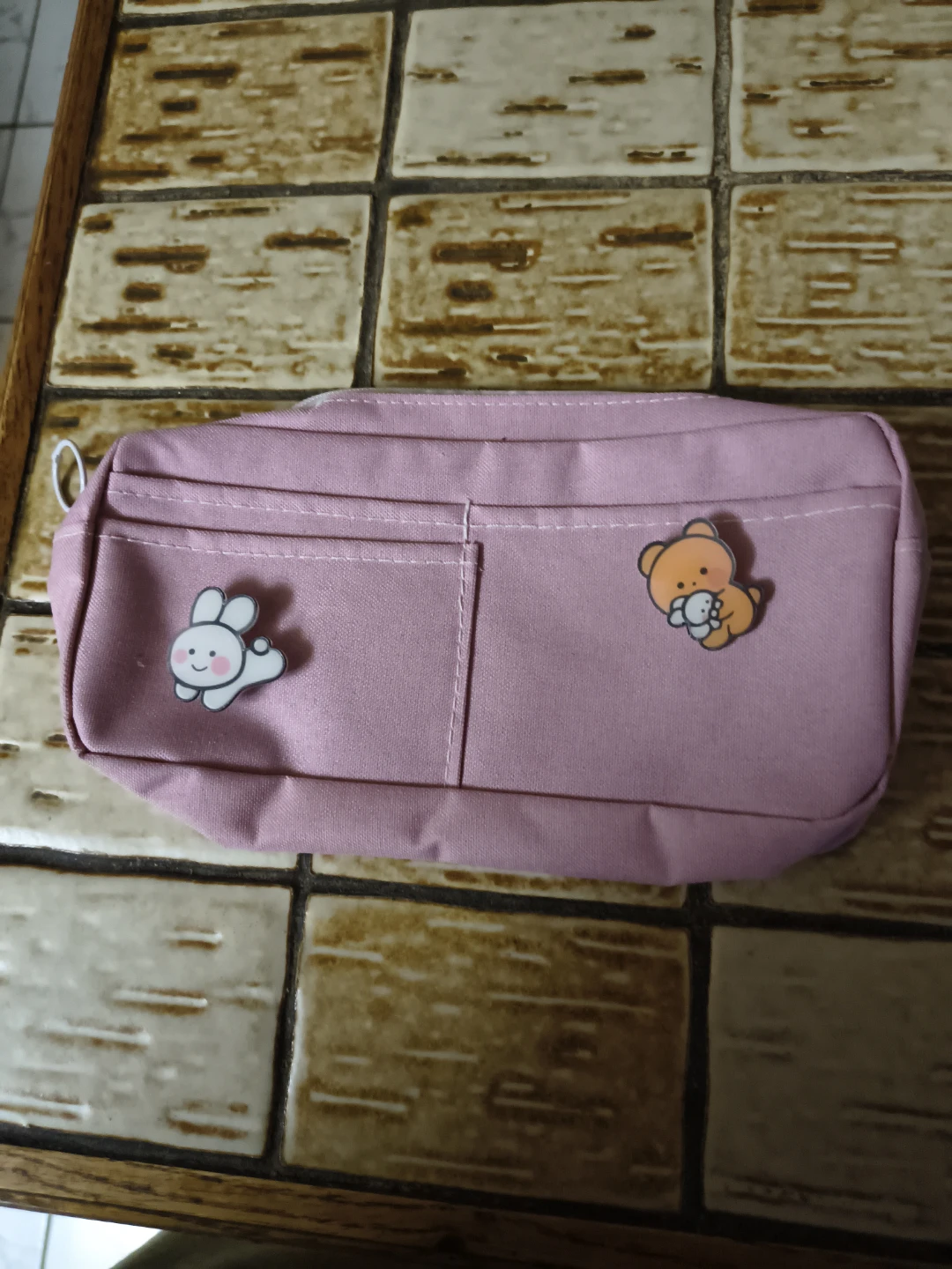 Pink Pencil Case with Bear and Bunny Pins