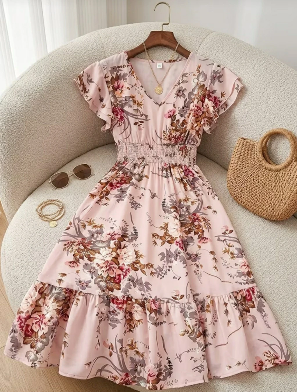 Pink Floral Print Midi Dress