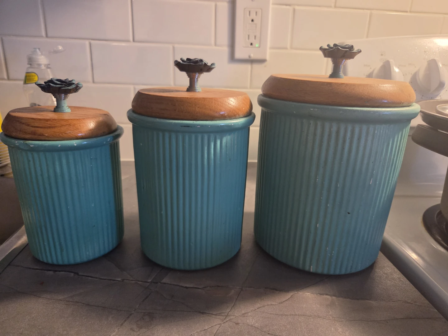 Teal Canister Set with Wooden Lids