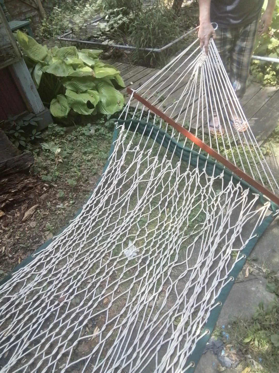 White Rope Hammock with Green Fabric Edging