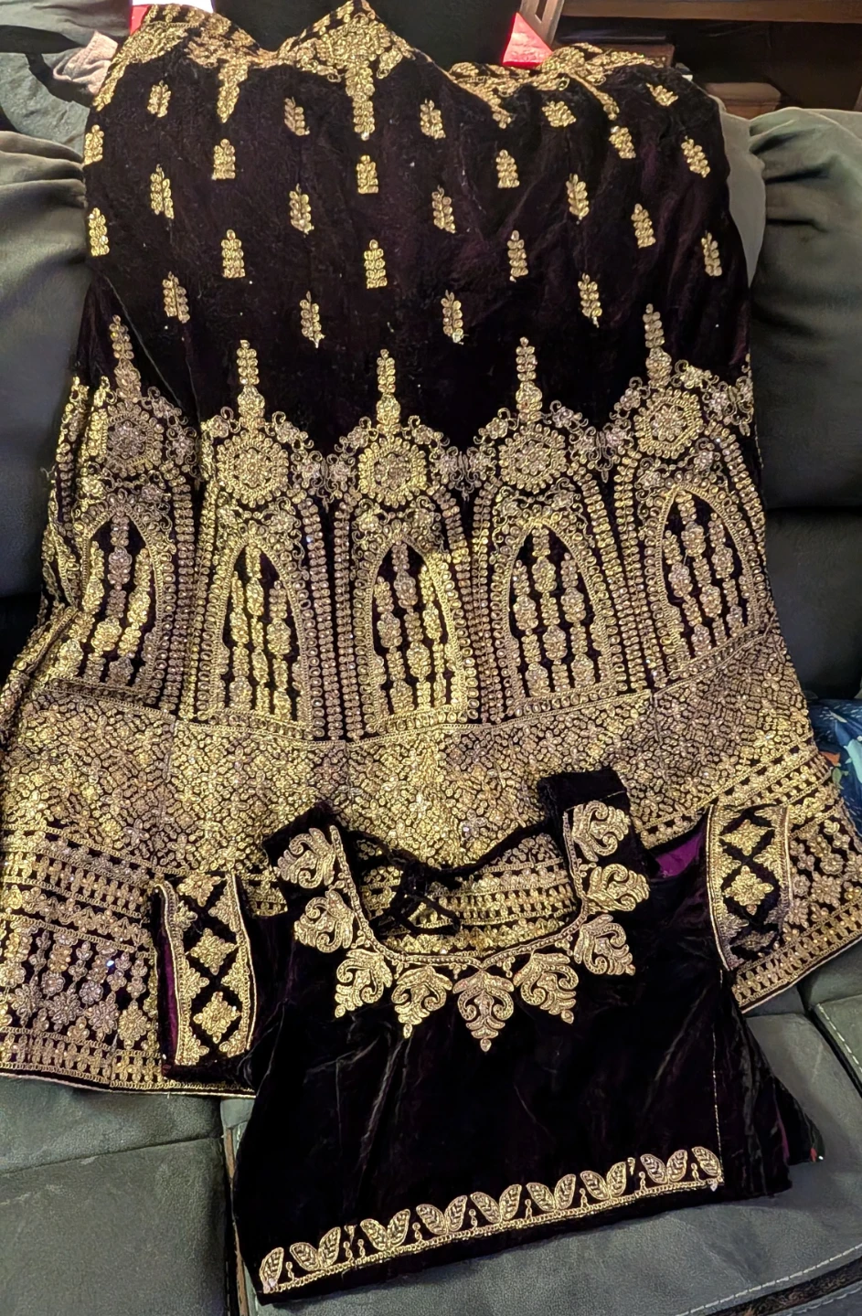 Deep Purple Velvet Lehenga with Gold Embroidery