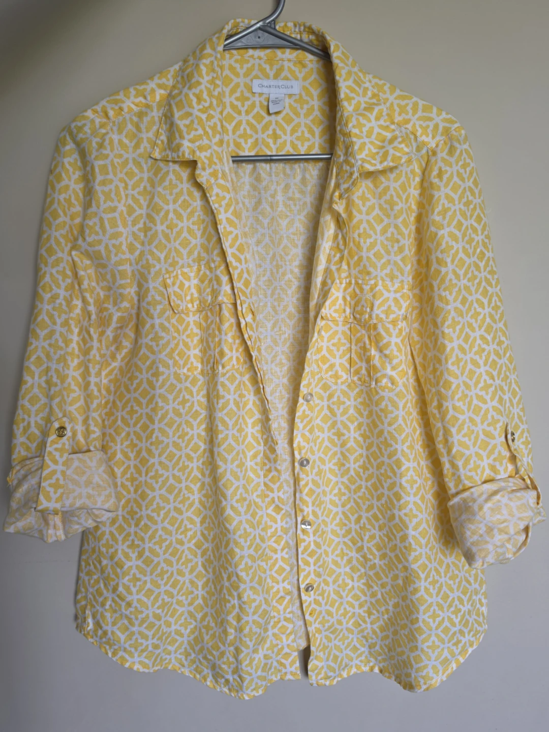 Charter Club Yellow Geometric Print Linen Shirt - Size M