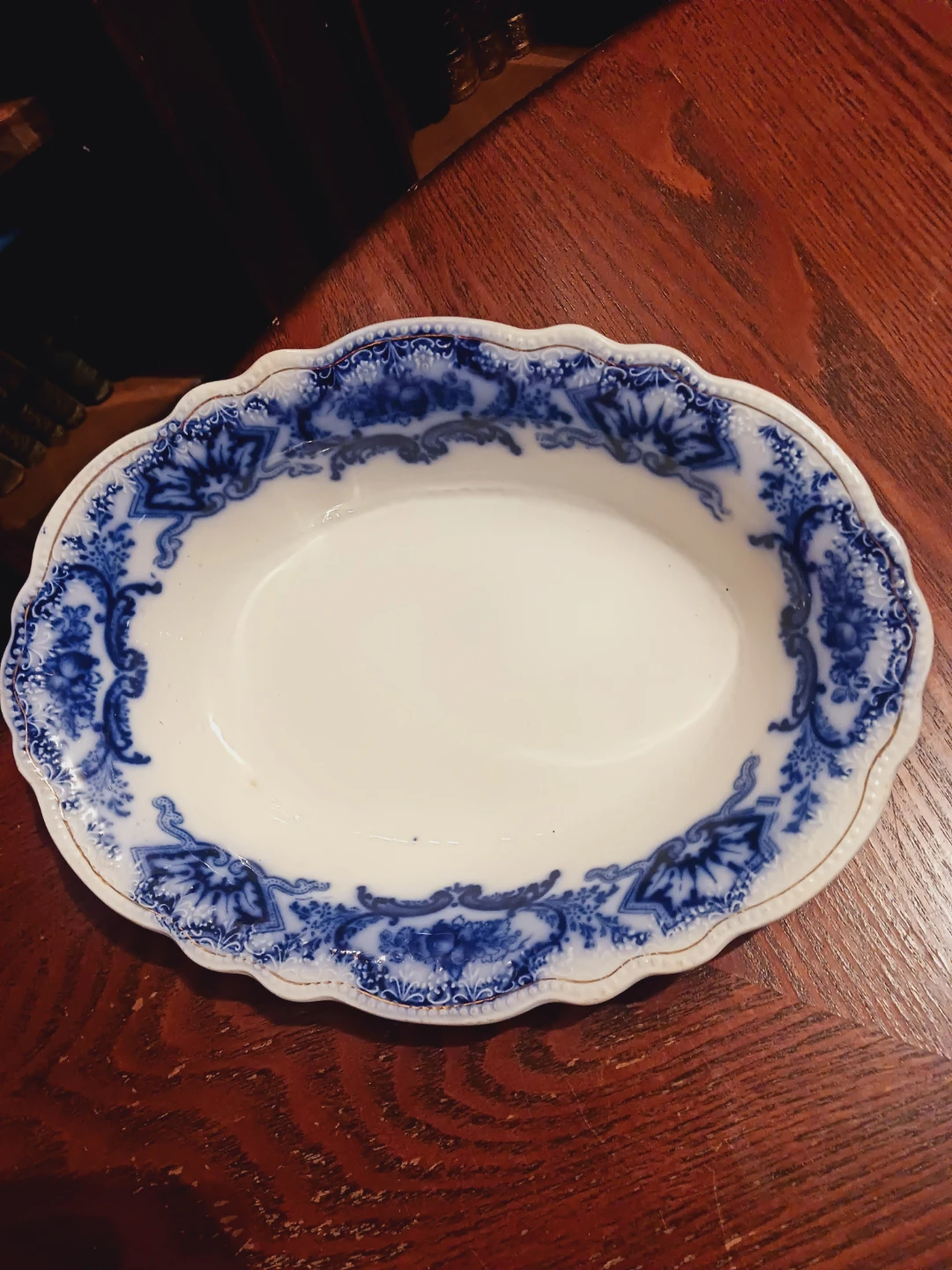 Antique Blue Floral Design Oval Bowl