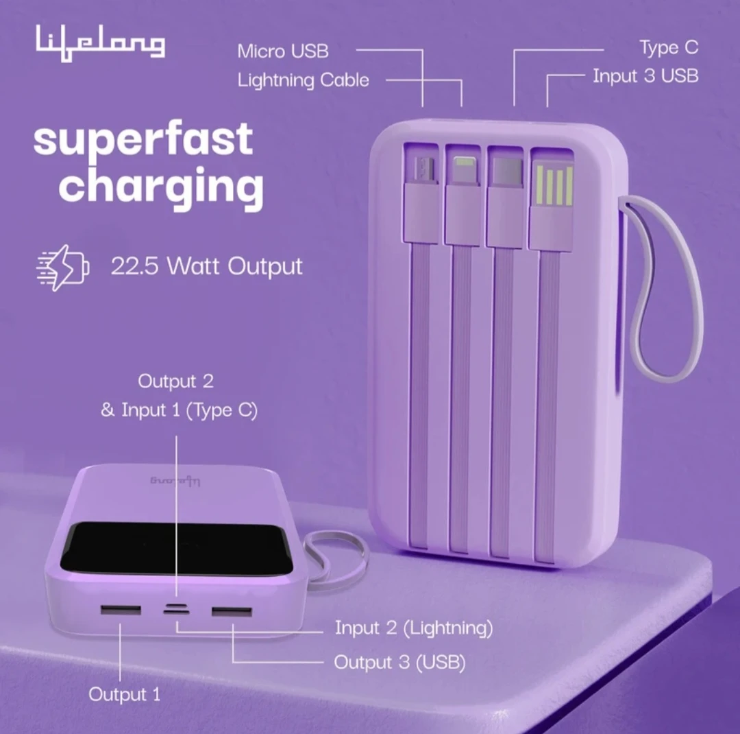 Lifelong 10000 mAh Power Bank with Built-in Cables - photo 2