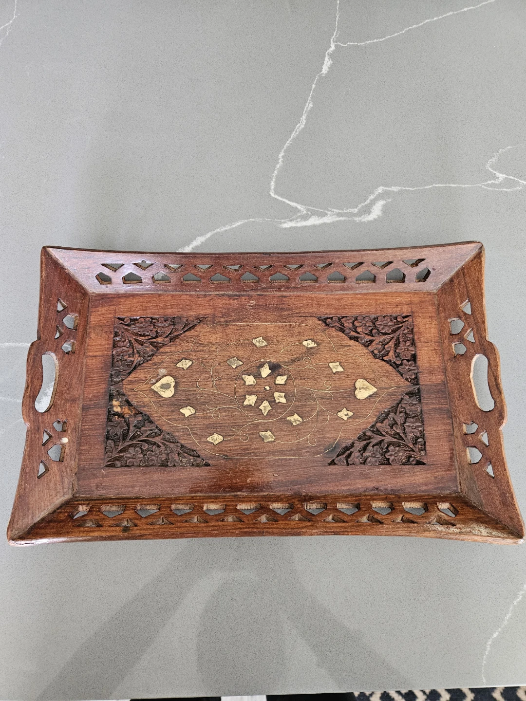 Decorative Wooden Serving Tray with Brass Inlay