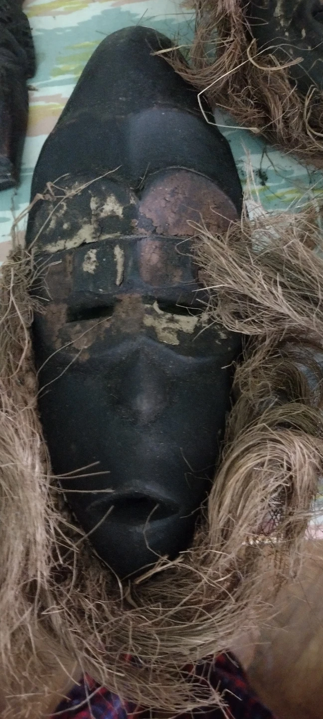 Hand-Carved Wooden Tribal Masks with Grass Hair - photo 5