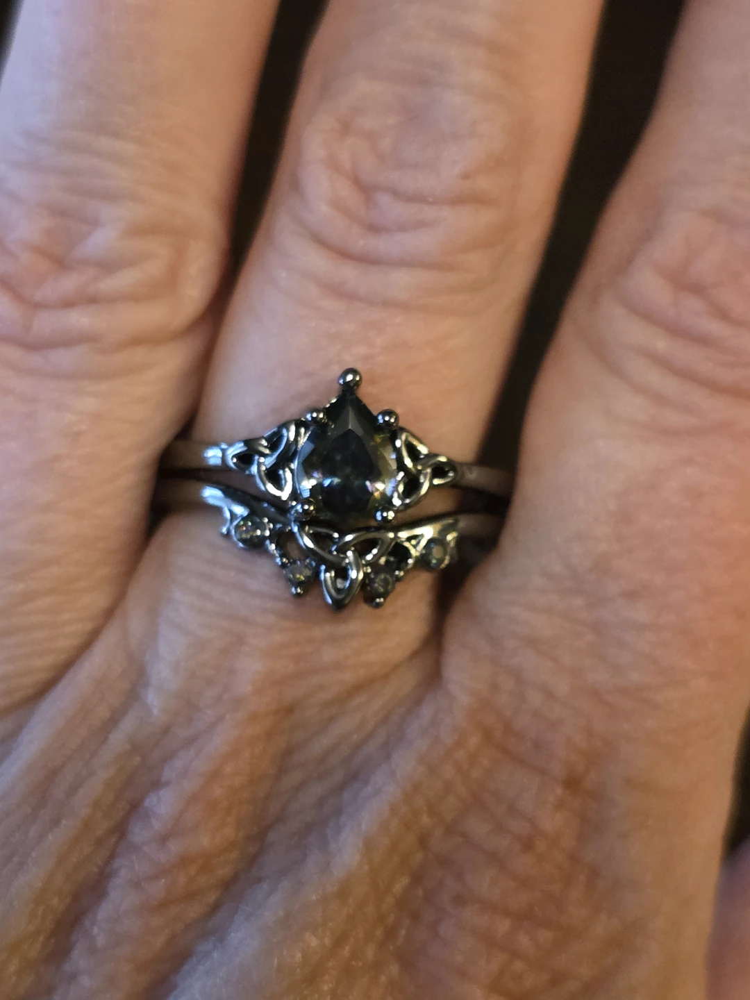 Dark Purple Pear Cut Faux Gem Ring Set with Celtic Trinity Knot