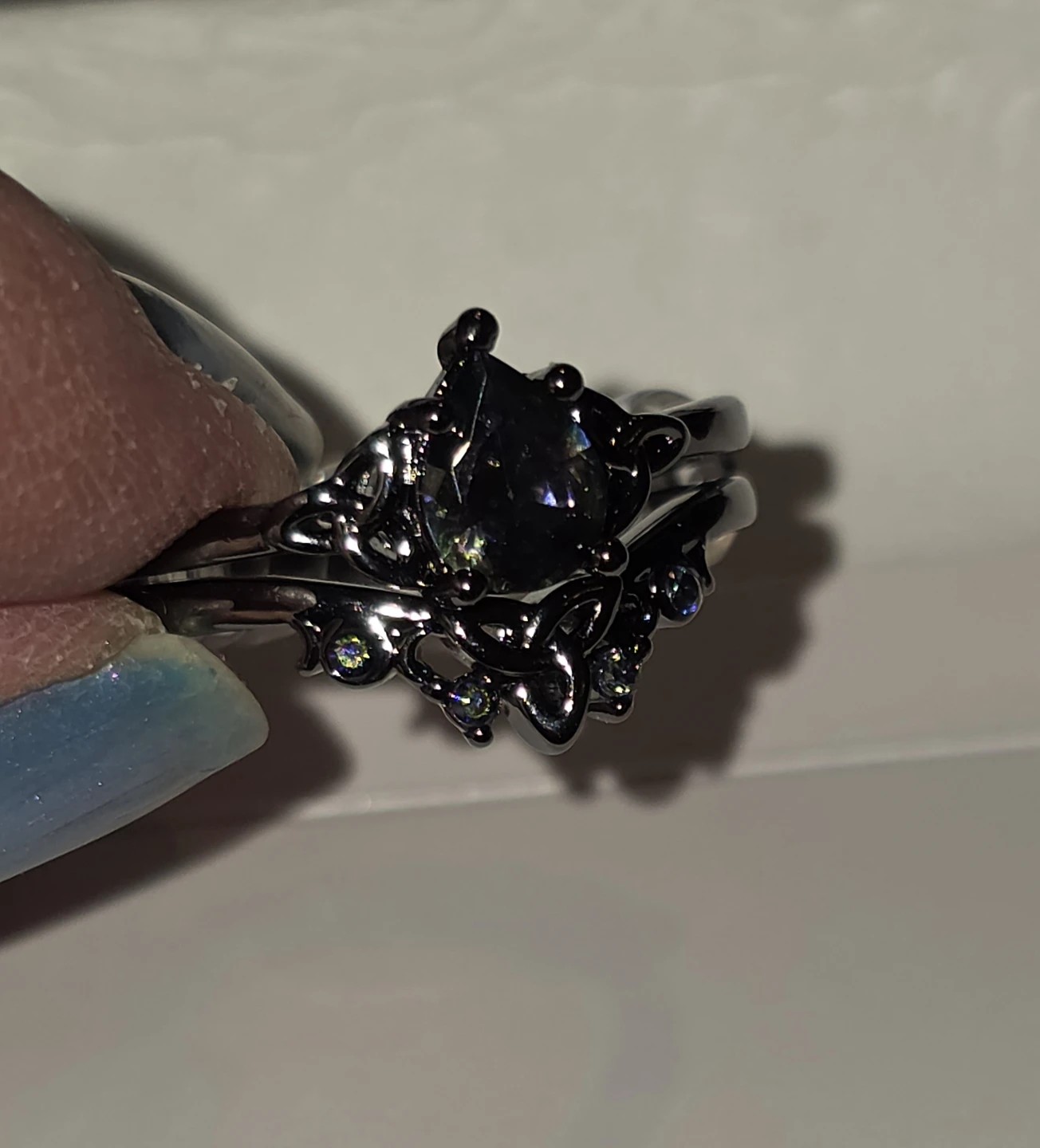 Dark Purple Pear Cut Faux Gem Ring Set with Celtic Trinity Knot - photo 4