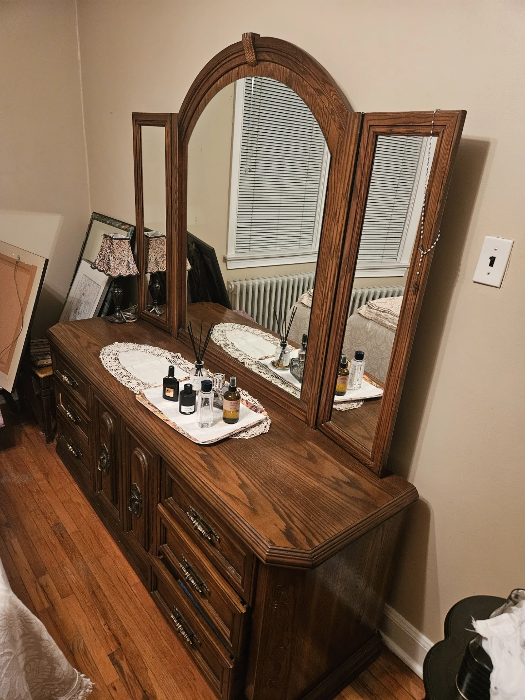 Solid Oak Dresser with Triple Mirror
