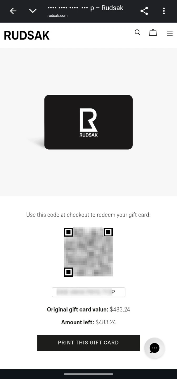 Rudsak Gift Card of $483.24