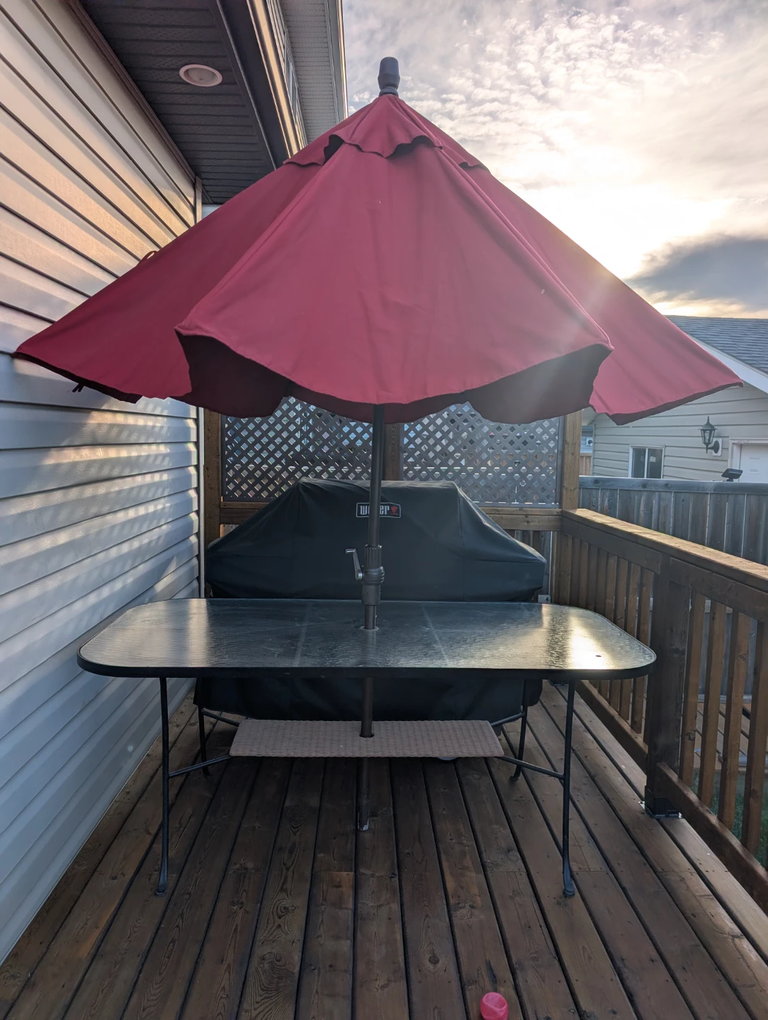 Patio Dining Set with Glass Table, Umbrella and Cushions