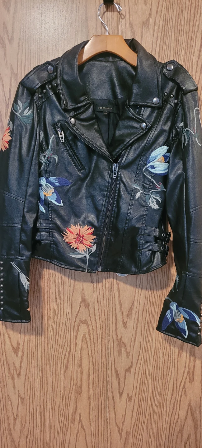 Dance & Marvel Black Embroidered Faux Leather Moto Jacket