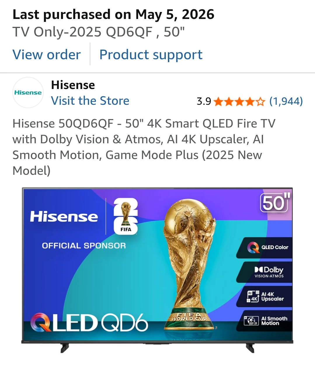 Hisense 50" 4K Smart QLED Fire TV