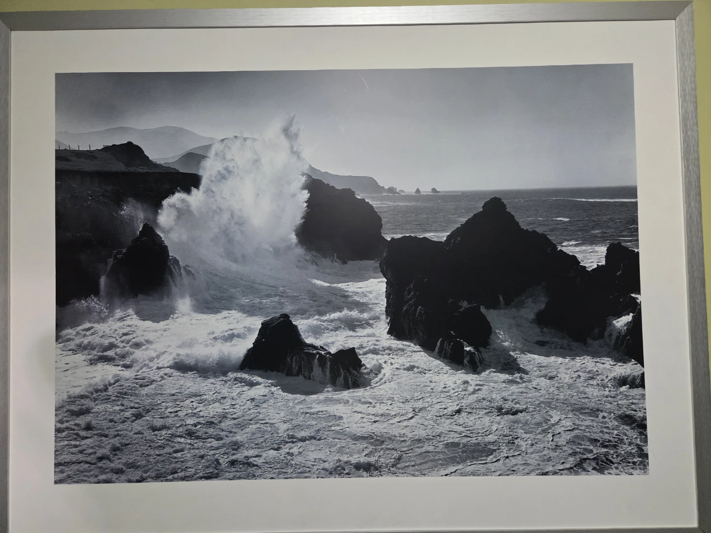 Framed Black and White Photograph of Crashing Waves