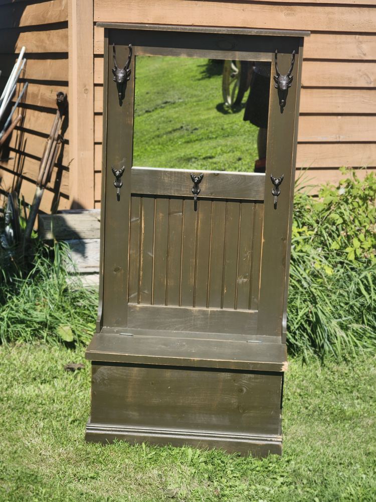 Wooden Hall Tree with Bench and Mirror