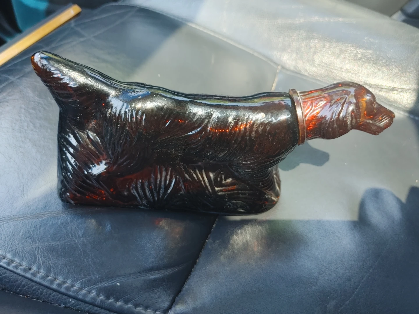 Vintage Dog Shaped Amber Glass Decanter