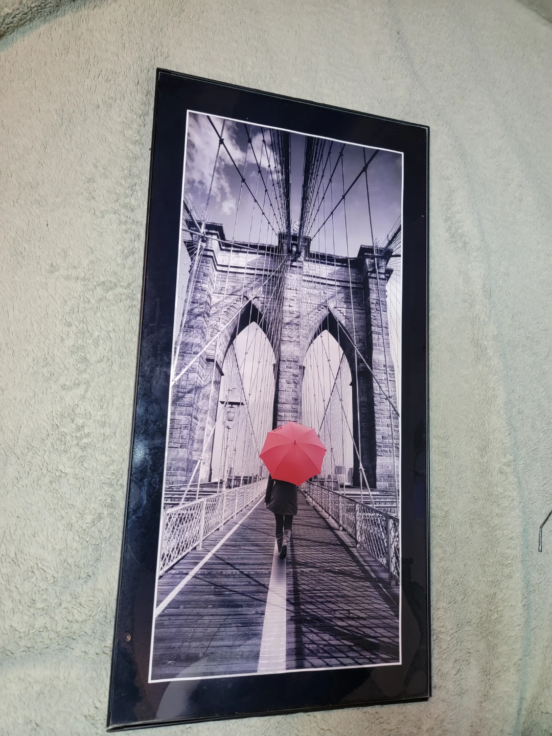 Framed Brooklyn Bridge Artwork with Red Umbrella