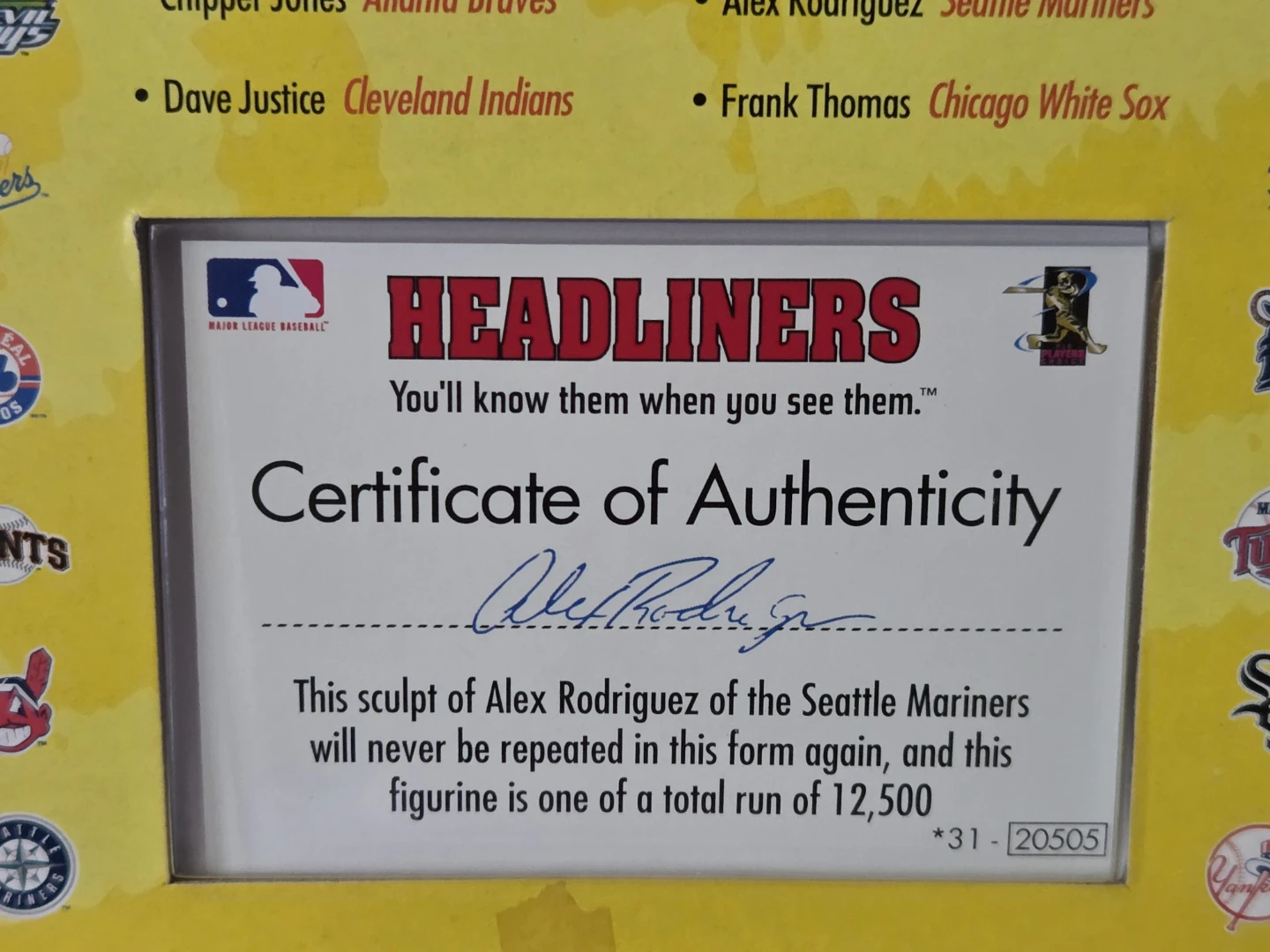1998 Alex Rodriguez Seattle Mariners Headliners COA - photo 5