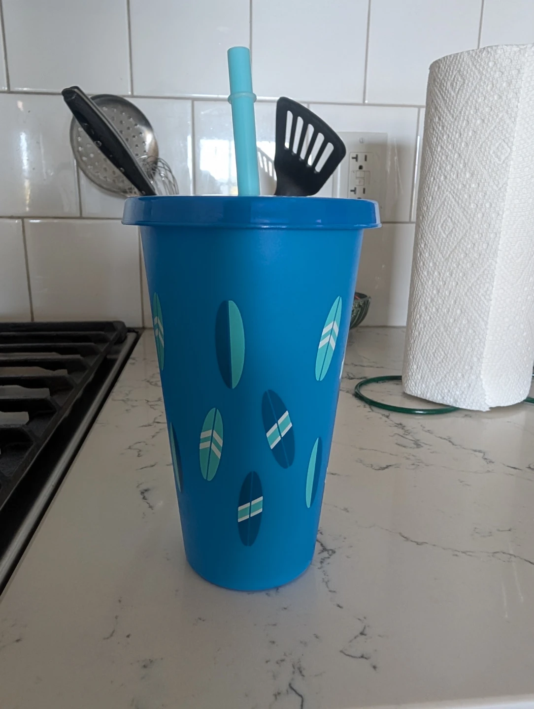 Blue Tumbler with Surfboard Design and Straw - photo 2