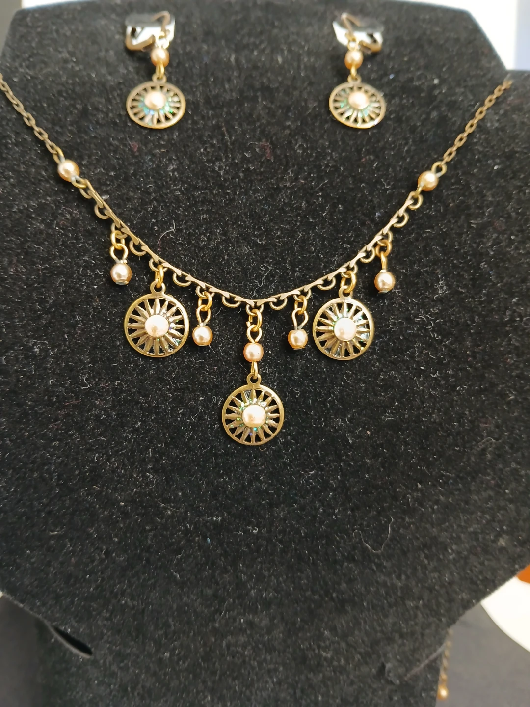 Antique Gold Tone Necklace and Earrings Set with Faux Pearls