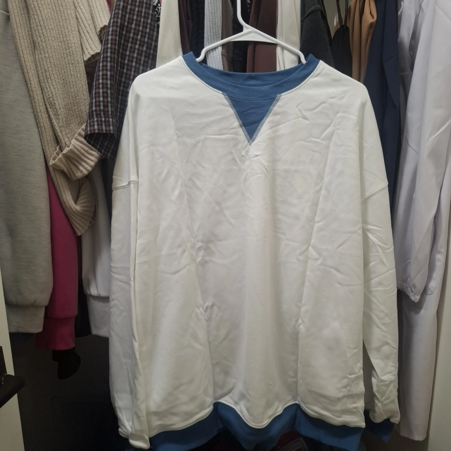 White Crewneck Sweatshirt with Blue Collar