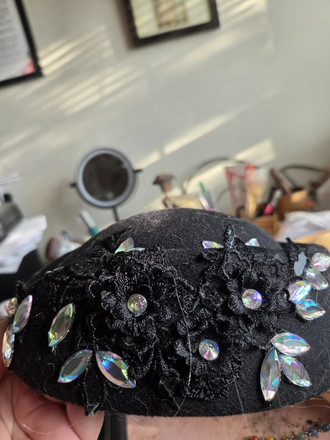 Decorative pillbox Hats with Rhinestones and Lace