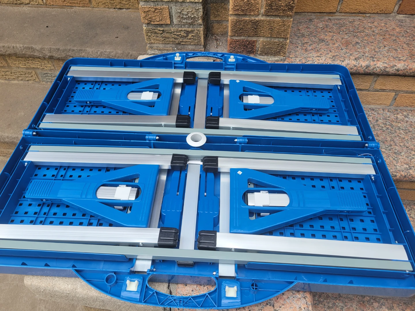 Blue Folding Picnic Table with 4 seats chairs and umbrella hold - photo 5