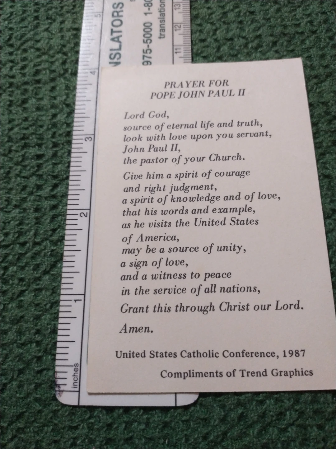 Pope John Paul II 1987 Prayer Card, US Catholic Conference - photo 2